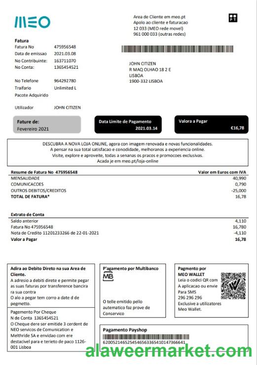 Portugal MEO utility bill template in Word and PDF format, fully editable